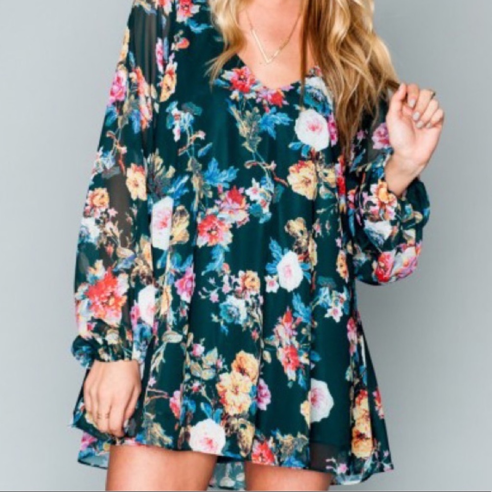 Show Me Your Mumu Tunic Mini Dress Small Donna Michelle Green Floral Lined